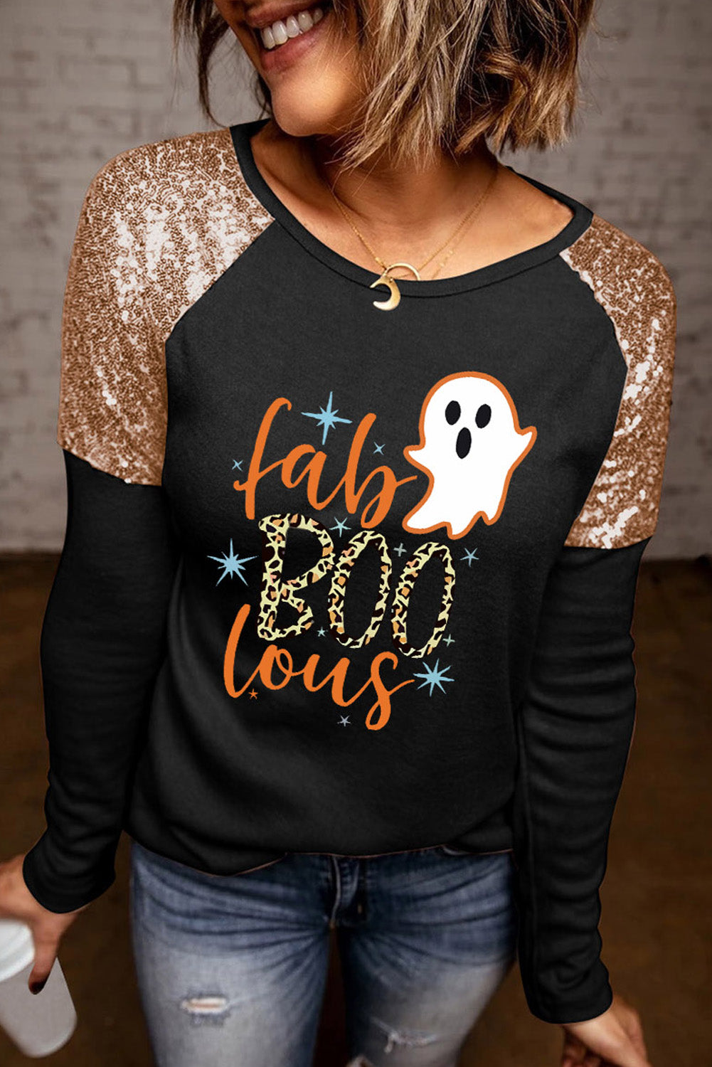 Ghost Graphic Sequin Long Sleeve T-Shirt-Jewearrings