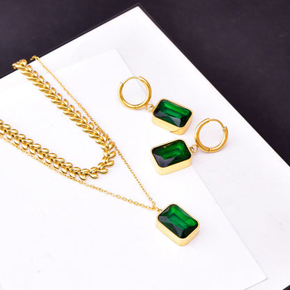 Women's Emerald Double-layer Wheat Lvzuan Necklace Earrings-Jewearrings