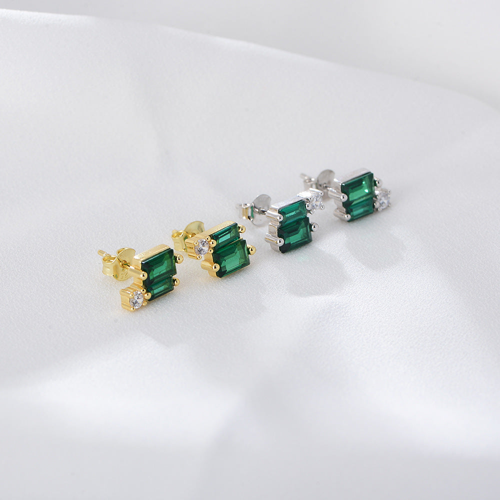 Simple Geometric Square Emerald Zircon Stud Earrings Sterling Silver Style Graceful Earrings-Jewearrings