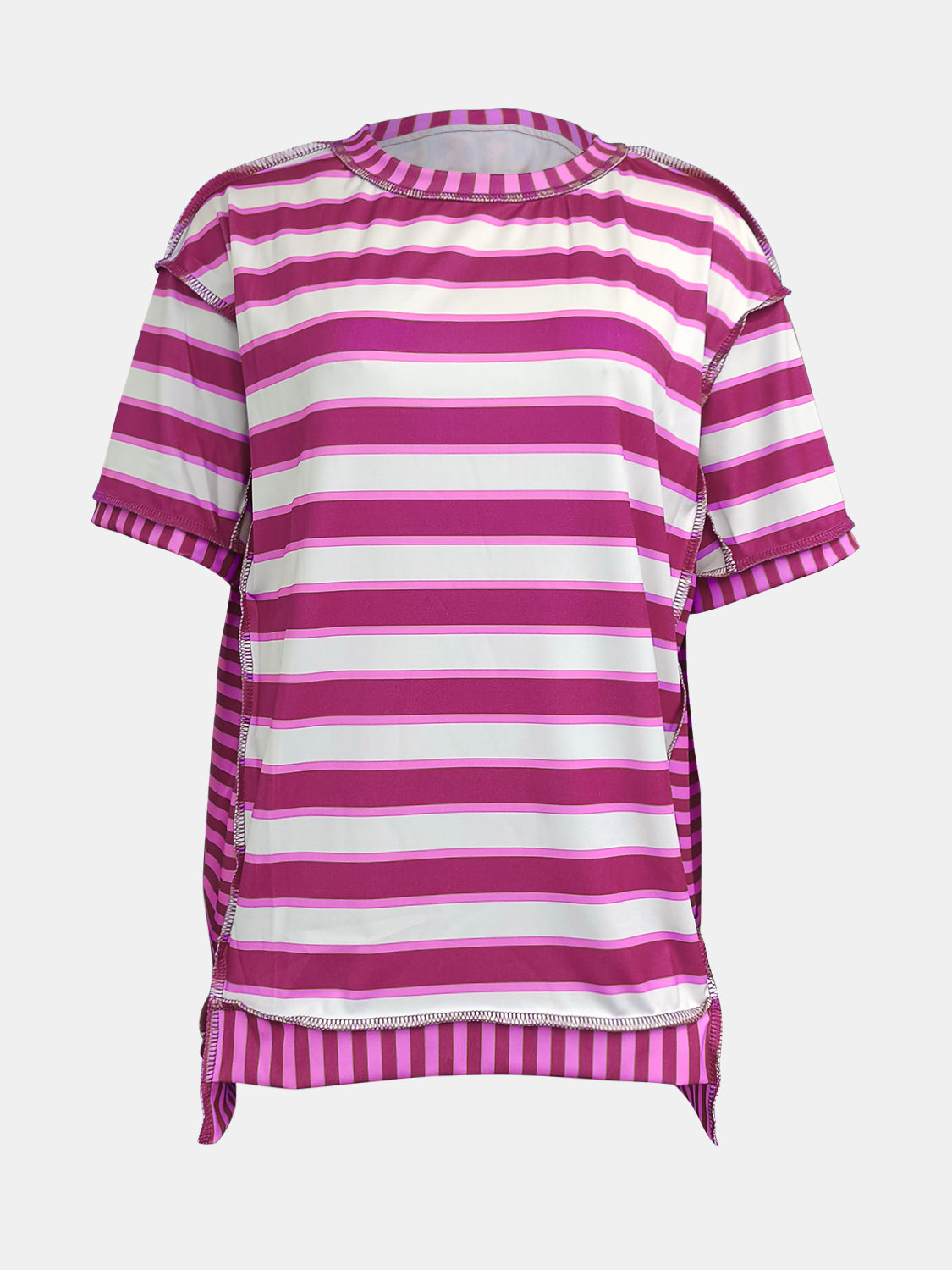 Full Size Contrast Stitching Striped Round Neck T-Shirt-Jewearrings