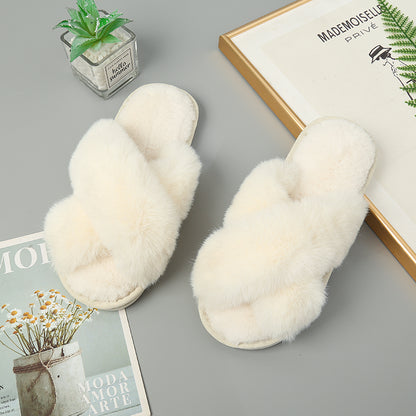 Faux Fur Crisscross Strap Slippers-Jewearrings