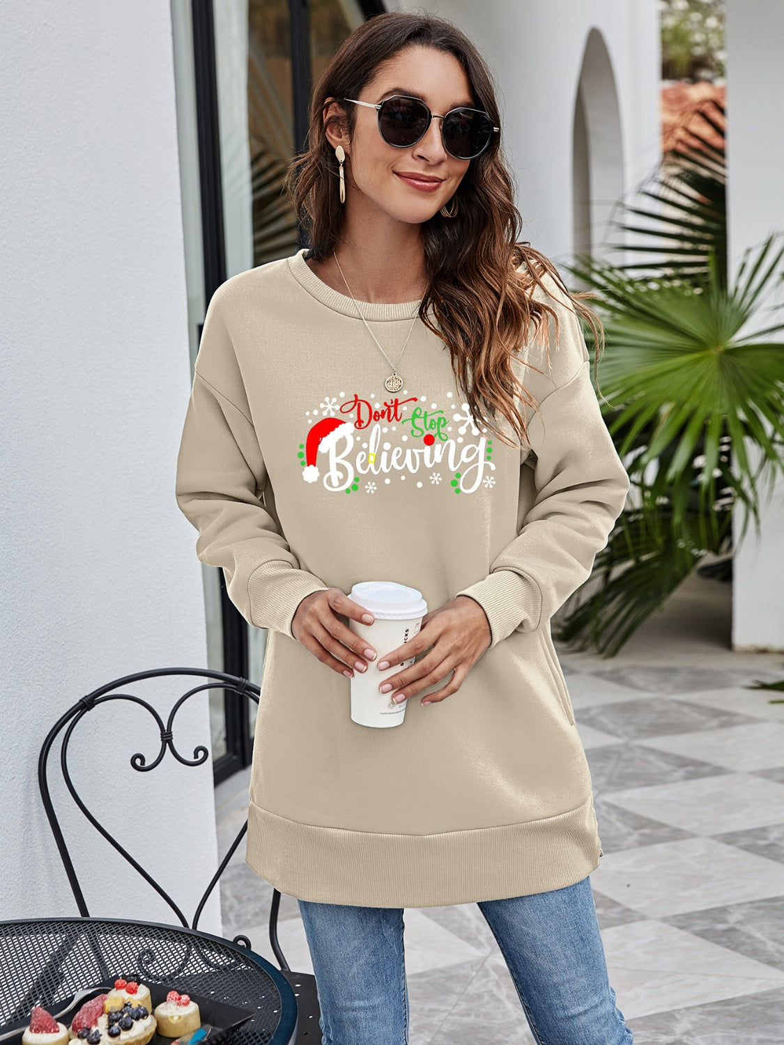 DON'T STOP BELIEVING Graphic Drop Shoulder Sweatshirt-Jewearrings