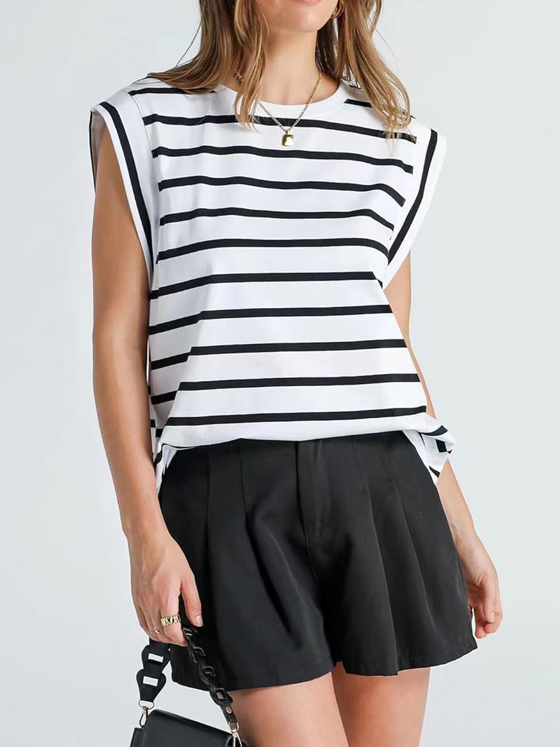 Striped Round Neck Cap Sleeve T-Shirt-Jewearrings