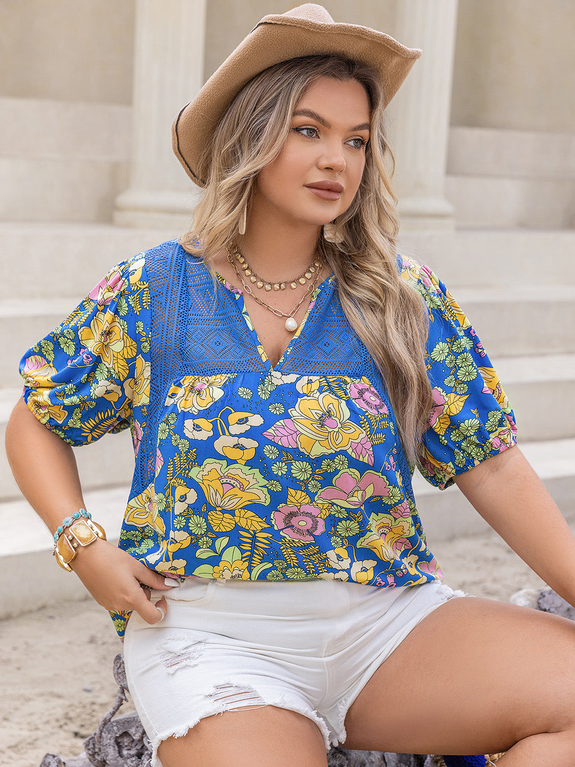 Plus Size Printed Notched Short Sleeve Blouse-Jewearrings