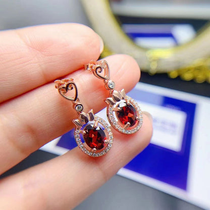 Natural Garnet Ear Stud Pendant Ring Set 925 Silver Inlaid Sweet Earrings-Jewearrings