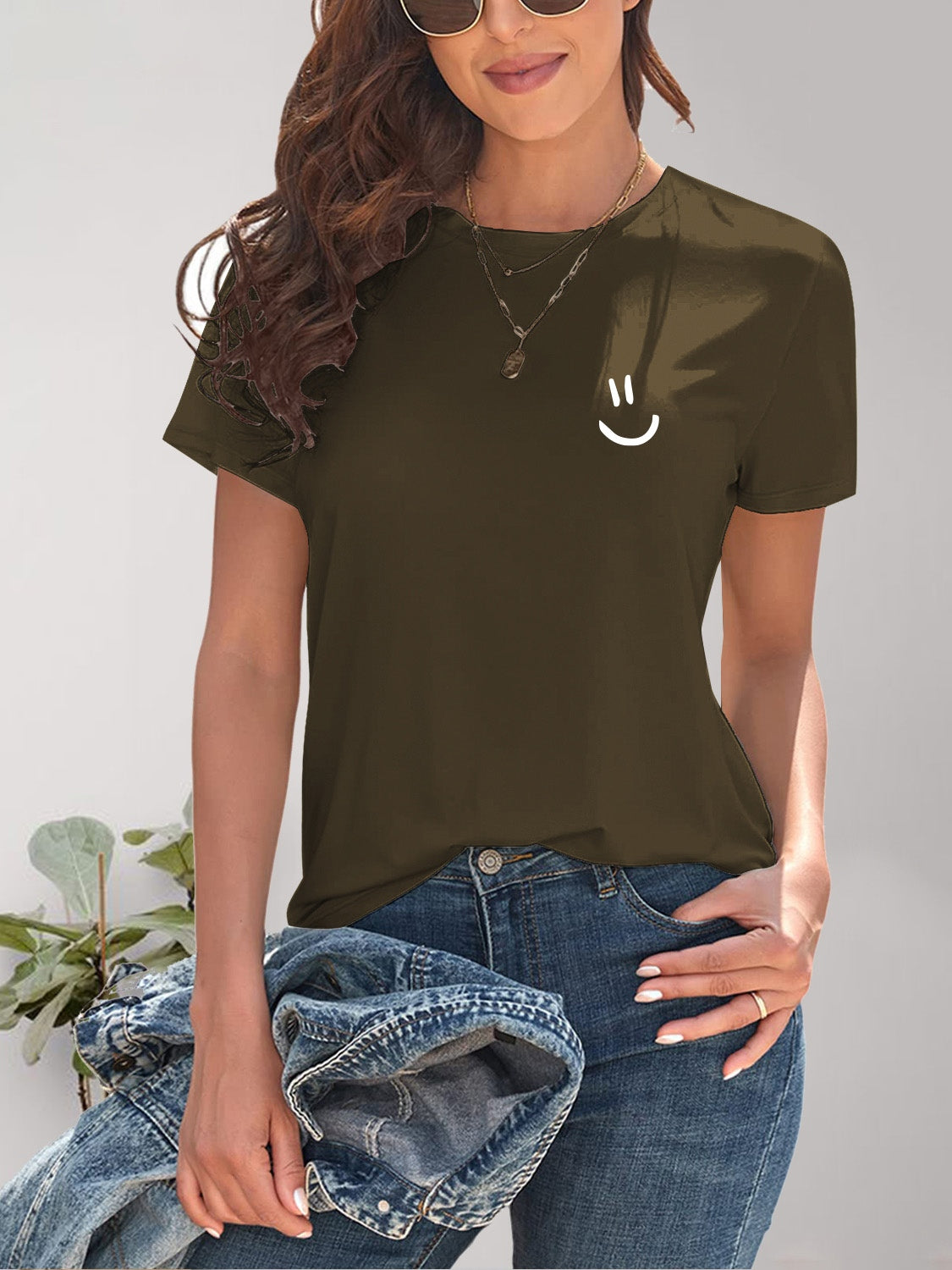 Smile Graphic Round Neck Short Sleeve T-Shirt-Jewearrings