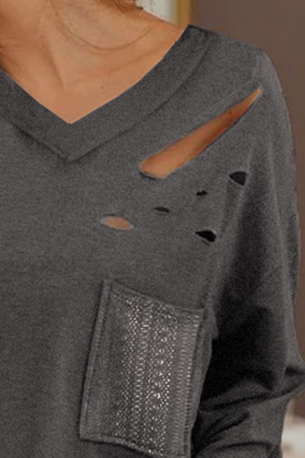 Distressed V-Neck Long Sleeve T-Shirt With Pockets-Jewearrings