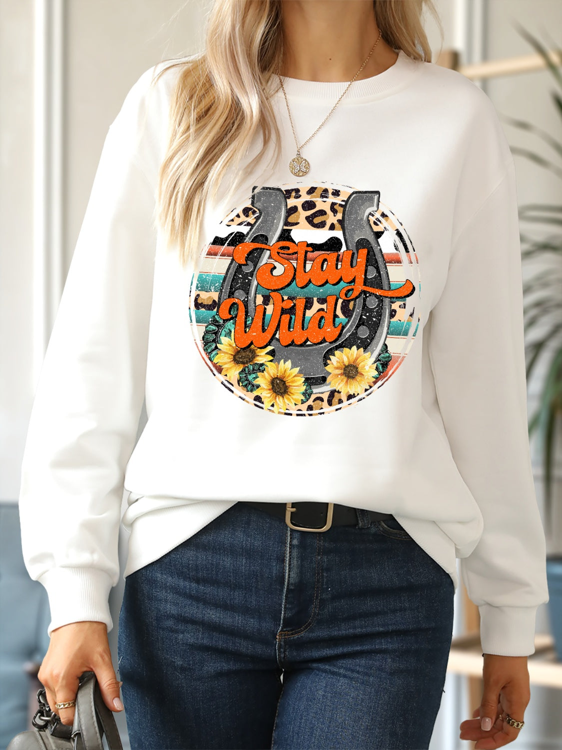 STAY WILD Round Neck Dropped Shoulder Sweatshirt-Jewearrings