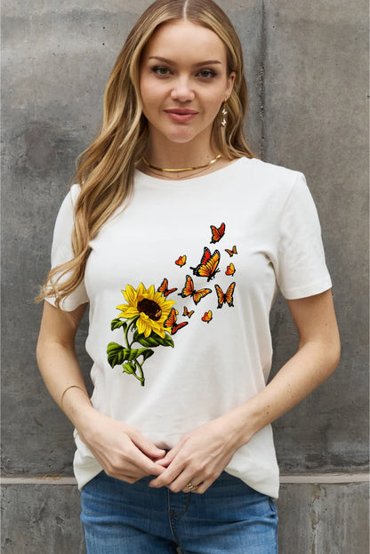 Simply Love Full Size Sunflower Butterfly Graphic Cotton Tee-Jewearrings