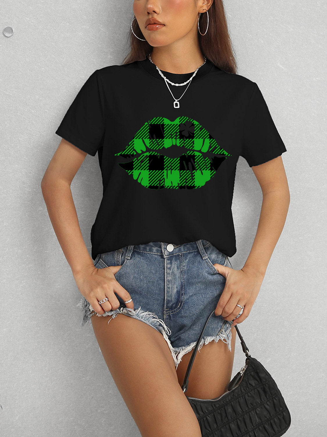 Plaid Lip Graphic Round Neck T-Shirt-Jewearrings