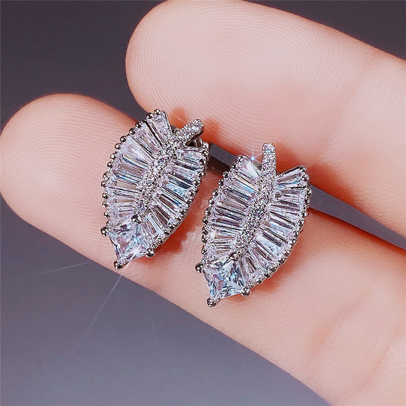 Delicate Leaf Shaped Brass And Zircon Stud Earrings For Women-Jewearrings