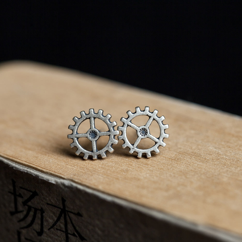 Sterling Silver Punk Steam Rock Gear Earrings-Jewearrings