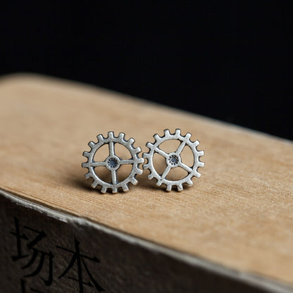 Sterling Silver Punk Steam Rock Gear Earrings-Jewearrings