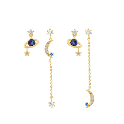 Star And Moon Chain Stud Earrings Set-Jewearrings