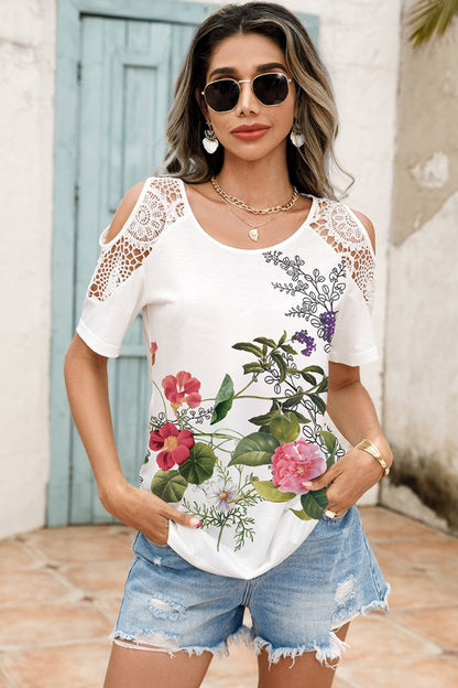 Lace Detail Round Neck Cold Shoulder Blouse-Jewearrings