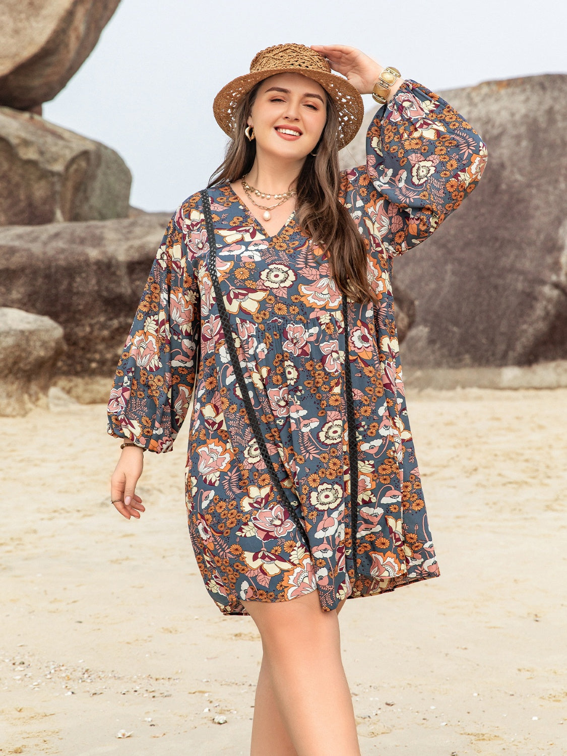 Plus Size Printed V-Neck Balloon Sleeve Mini Dress-Jewearrings