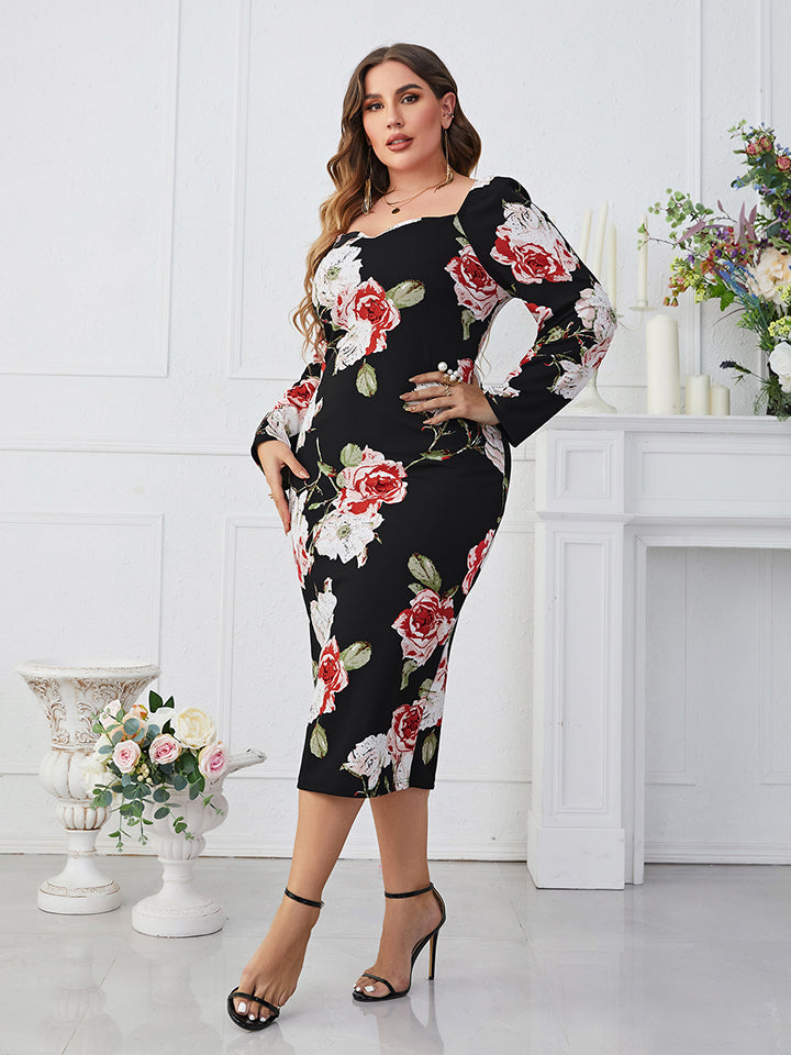 Plus Size Printed Square Neck Long Sleeve Dress-Jewearrings