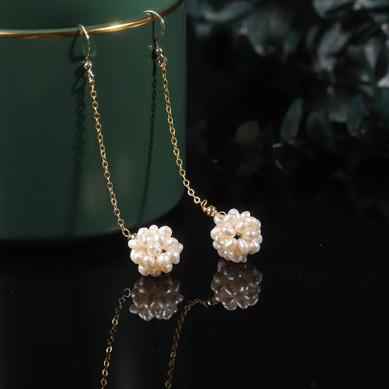 Natural Pearl Handmade Ball Earrings Girly Temperamental Eardrops-Jewearrings