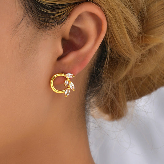 Rhinestone Zircon Leaf Brass Gold Plated Stud Earrings-Jewearrings