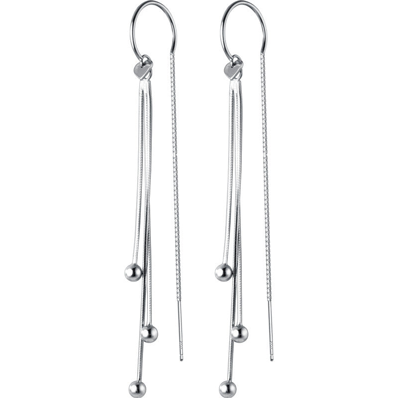 Women's Long Temperament Tassel Silver Bead Earrings-Jewearrings