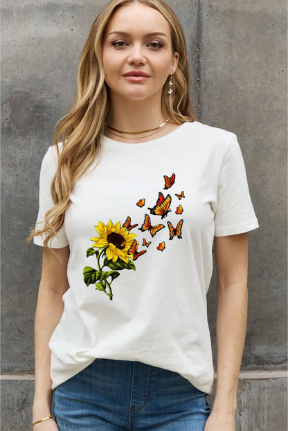 Simply Love Full Size Sunflower Butterfly Graphic Cotton Tee-Jewearrings