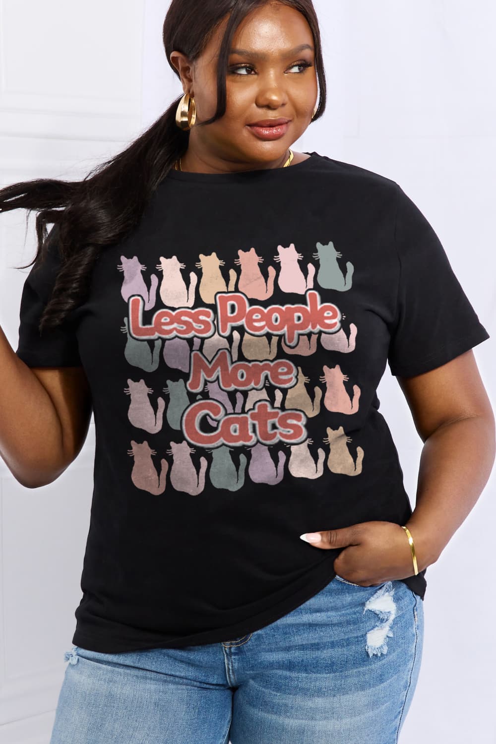 Simply Love Full Size LESS PEOPLE MORE CATS Graphic Cotton Tee-Jewearrings