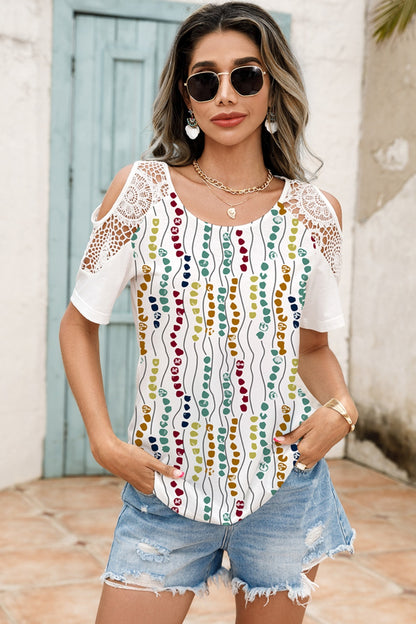 Lace Detail Round Neck Cold Shoulder Blouse-Jewearrings