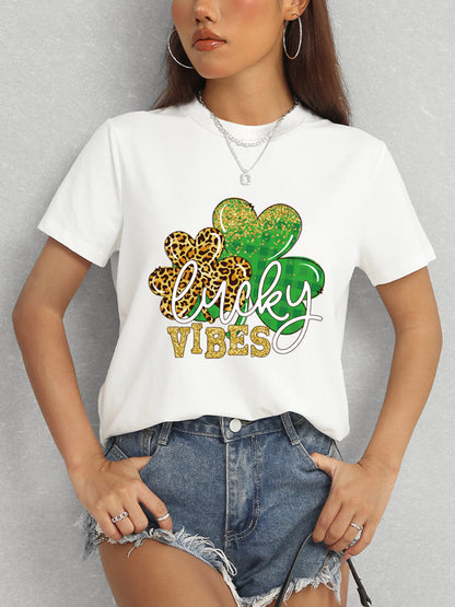 LUCKY VIBES Round Neck Short Sleeve T-Shirt-Jewearrings