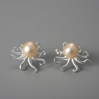 Personality Creative Female S925 Silver Pearl Octopus Stud Earrings-Jewearrings