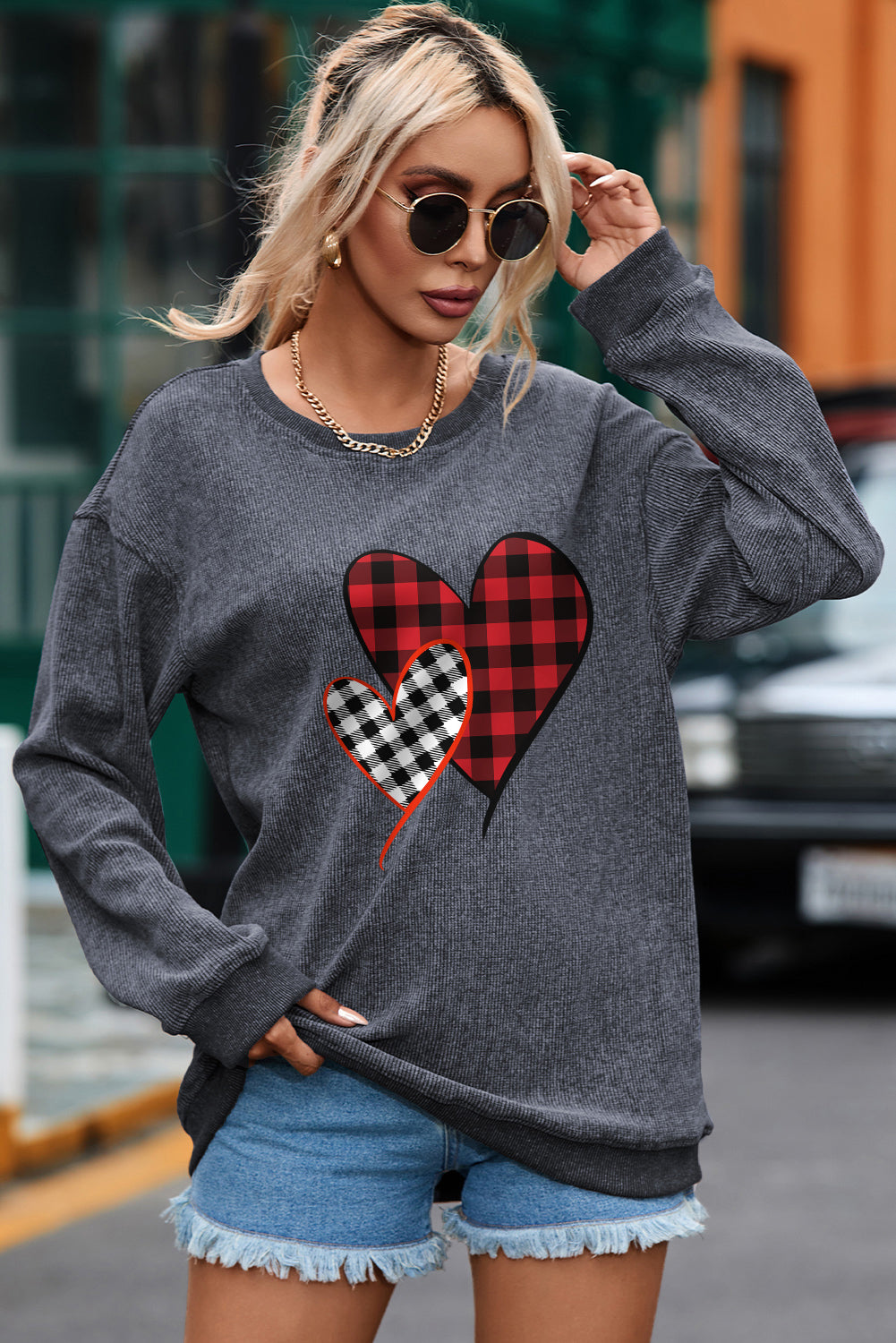 Heart Round Neck Dropped Shoulder Sweatshirt-Jewearrings