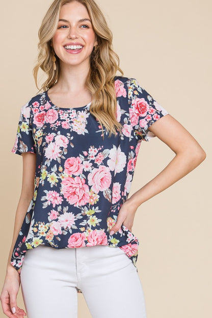 BOMBOM Floral Round Neck Short Sleeve T-Shirt-Jewearrings