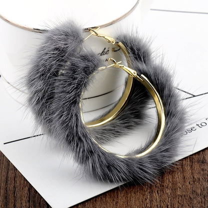 Mink Fur Large Circle Round Ear Hoop Earrings-Jewearrings