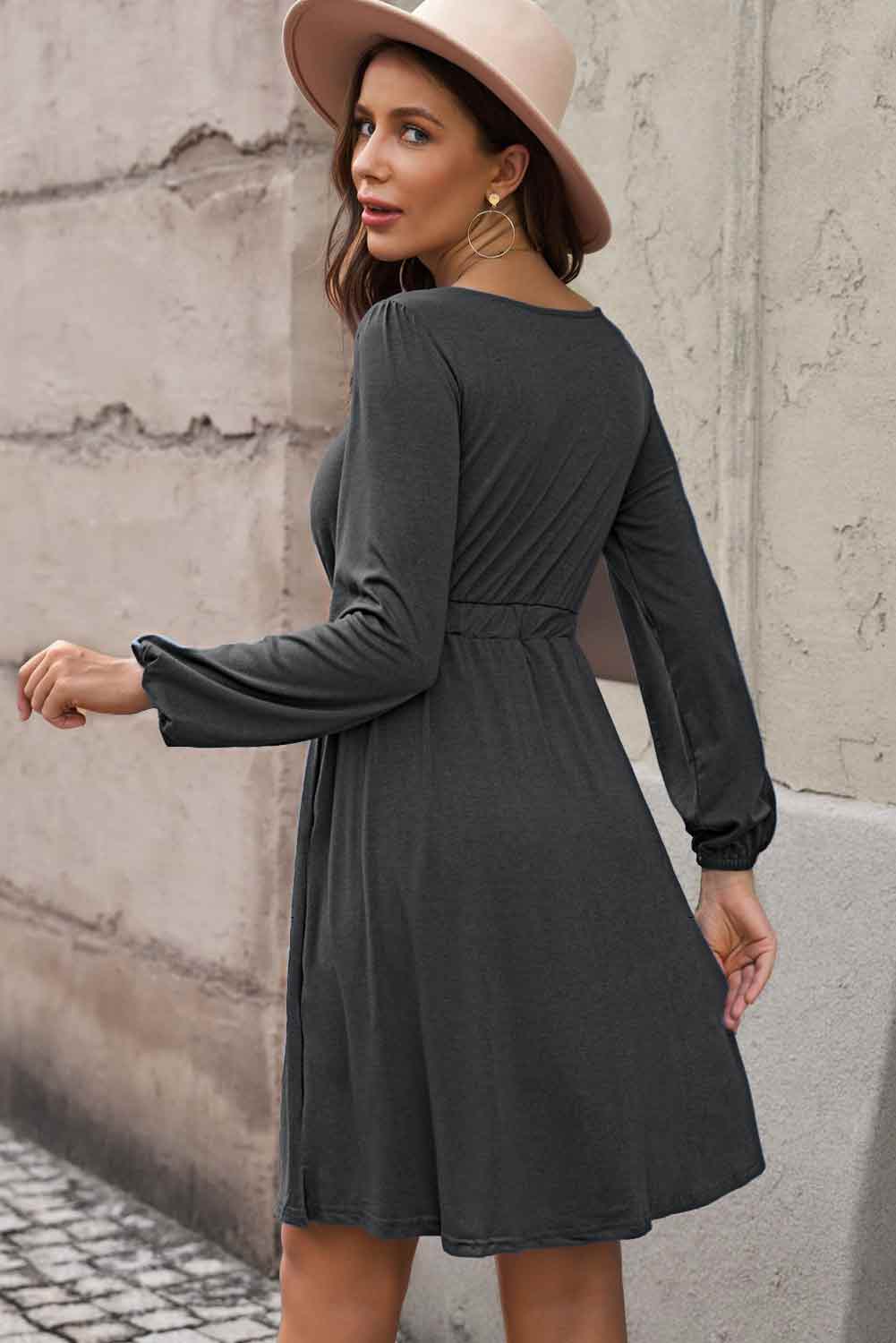 Plus Size Button Front Elastic Waist Long Sleeve Dress-Jewearrings