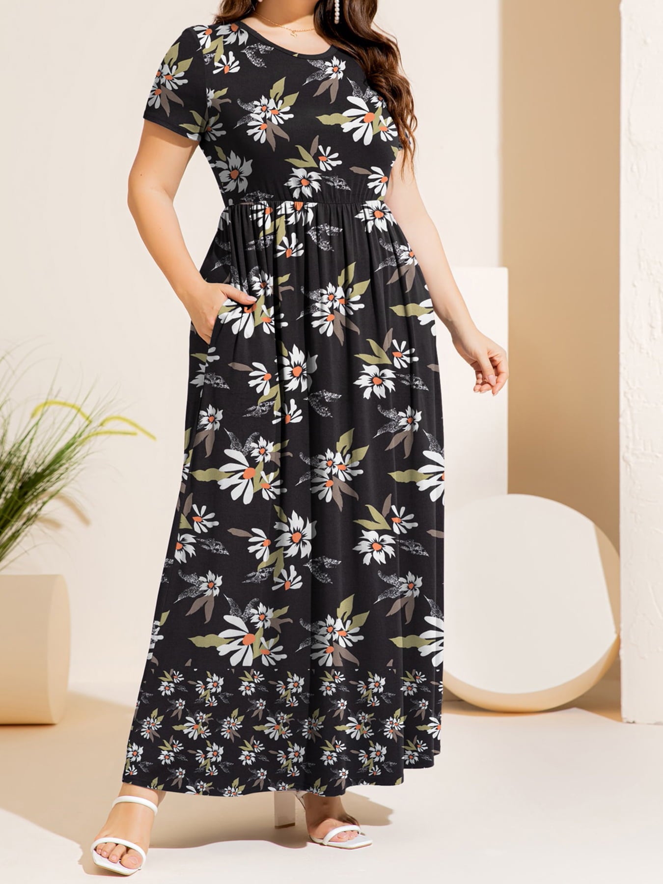 Plus Size Printed Round Neck Short Sleeve Maxi Dress-Jewearrings