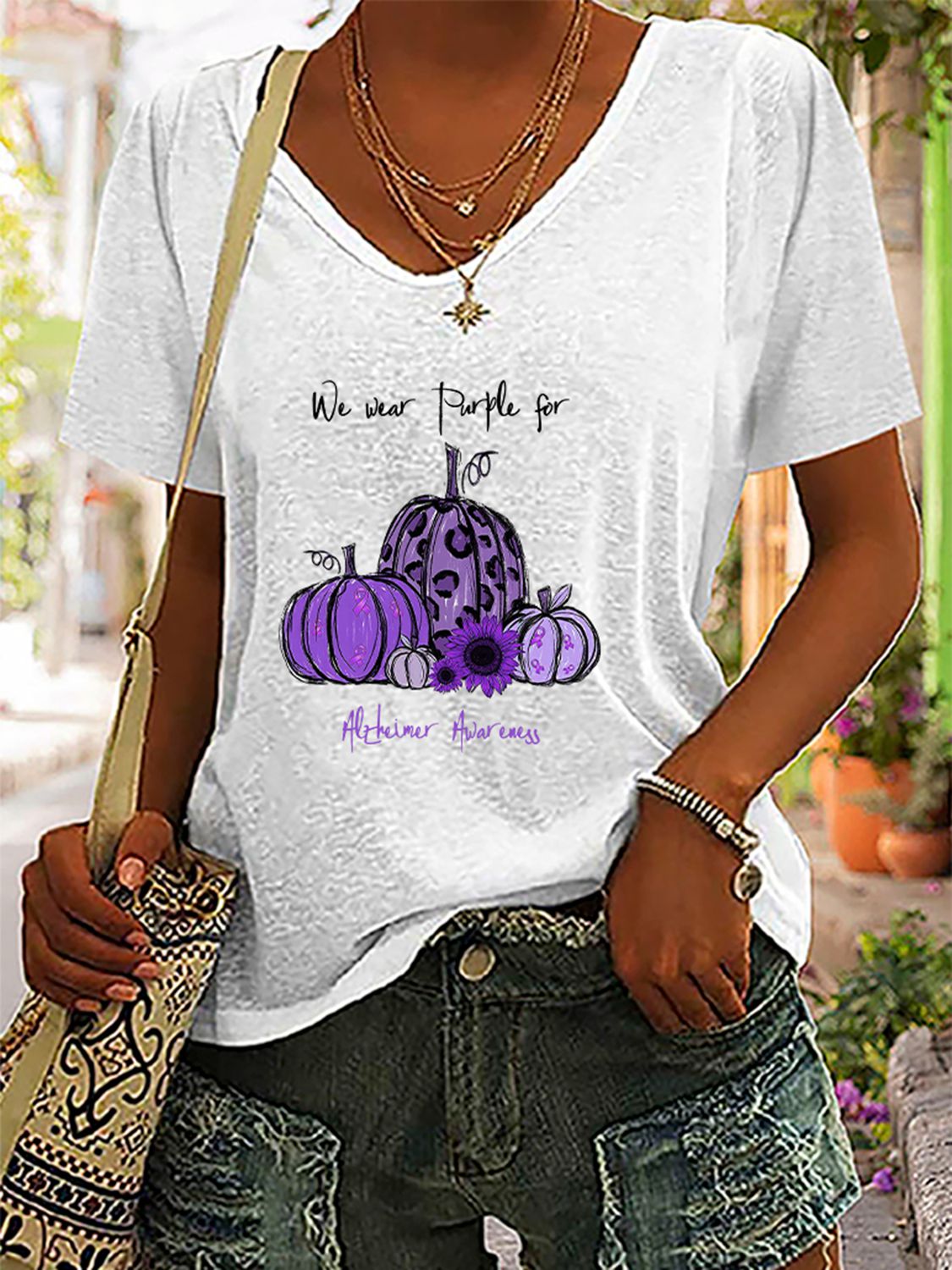 Full Size Pumpkin Graphic V-Neck T-Shirt-Jewearrings