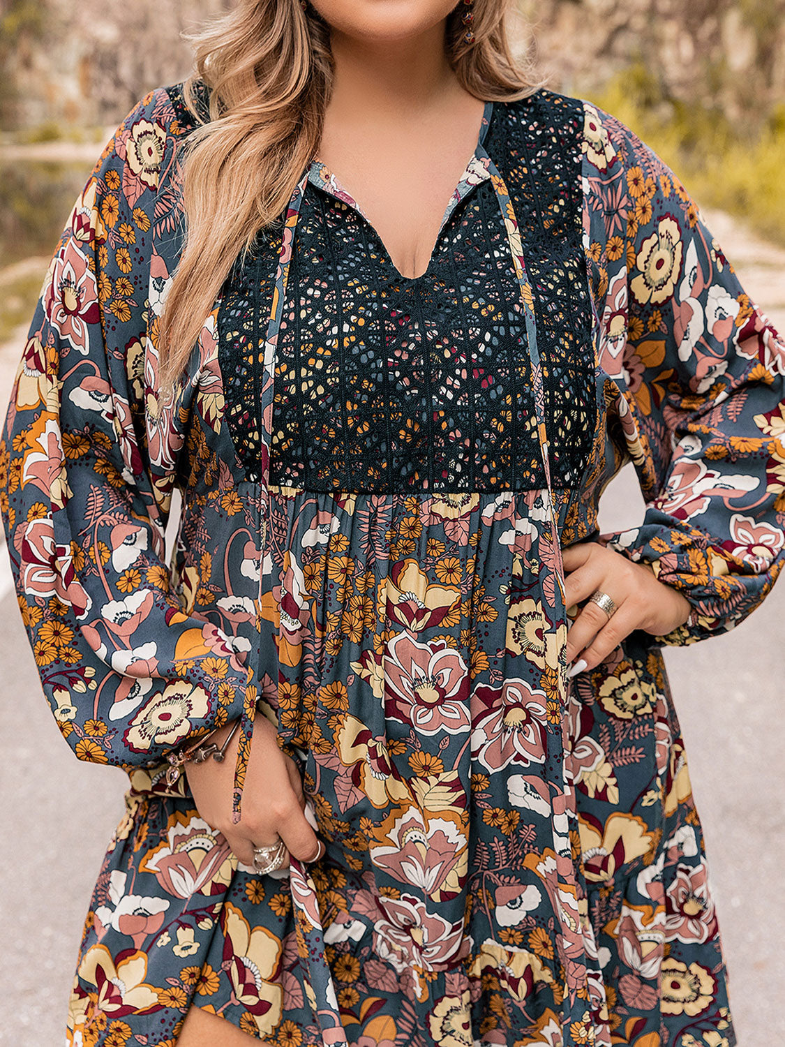 Plus Size Floral Tie Neck Balloon Sleeve Mini Dress-Jewearrings