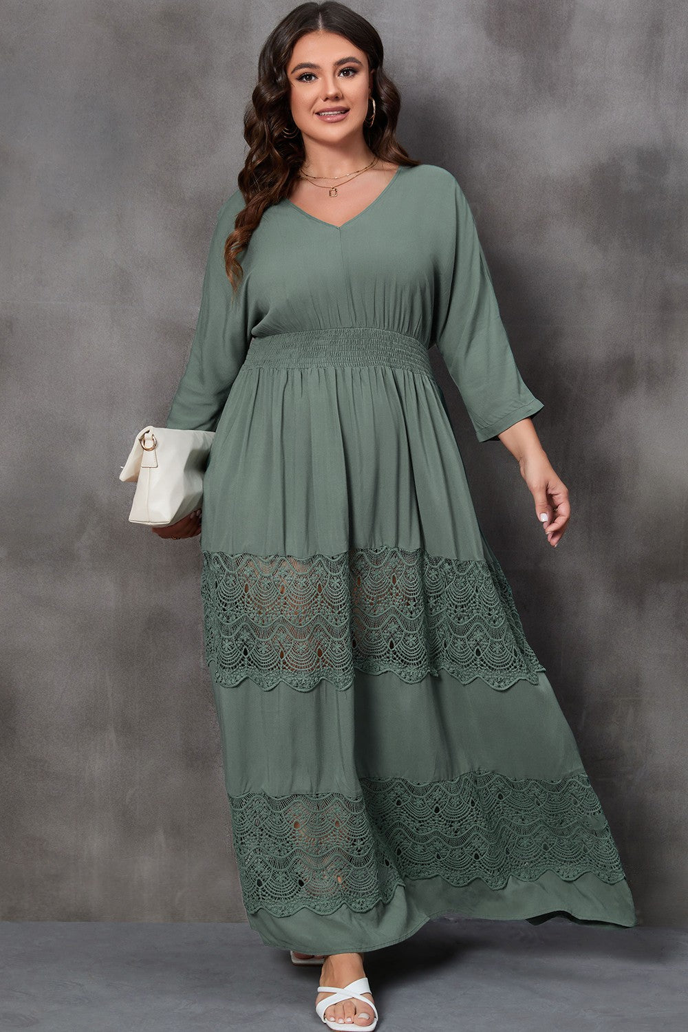 Plus Size Tied V-Neck Smocked Crochet Maxi Dress-Jewearrings