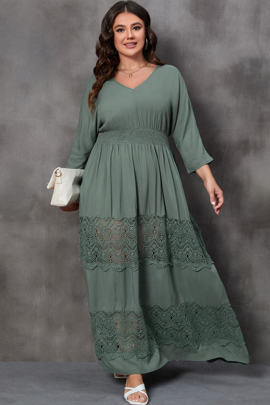 Plus Size Tied V-Neck Smocked Crochet Maxi Dress-Jewearrings