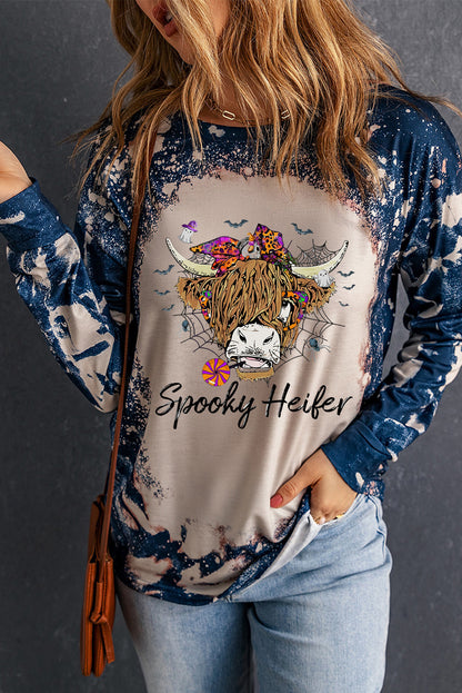 Round Neck Long Sleeve Printed SPOOKY HEIFER Graphic Tee-Jewearrings