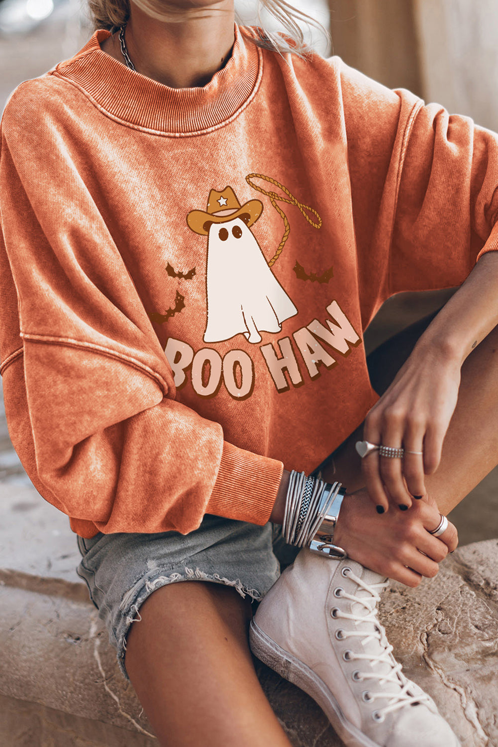 BOO HAW Ghost Graphic Dropped Shoulder Round Neck Sweatshirt-Jewearrings