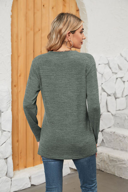 Notched Neck Long Sleeve T-Shirt-Jewearrings