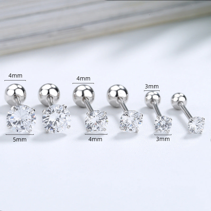 S925 Sterling Silver Zircon Four-claw Round Beads Thread Stud Earrings Female Screw Tightening Buckle Ear Bone Stud Simple Fashion Ear Jewelry-Jewearrings