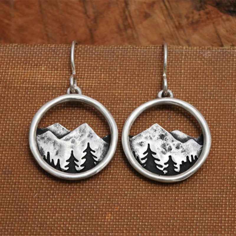 Vintage Silver Three-Dimensional Round Mountains Cutout Drop Earrings-Jewearrings