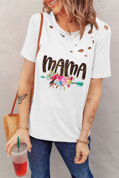 MAMA Graphic Distressed Round Neck Tee-Jewearrings