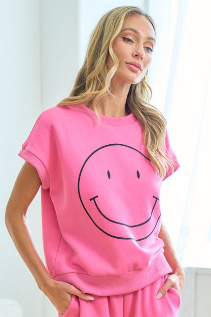 First Love Smile Face Drop Shoulder Brushed Inside T-Shirt-Jewearrings