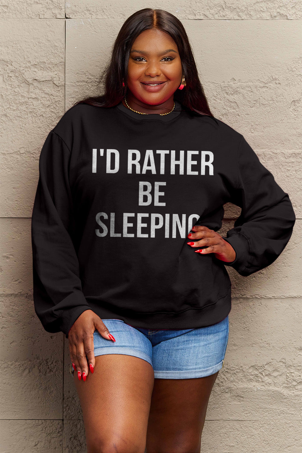 Simply Love Full Size I'D RATHER BE SLEEPING Round Neck Sweatshirt-Jewearrings