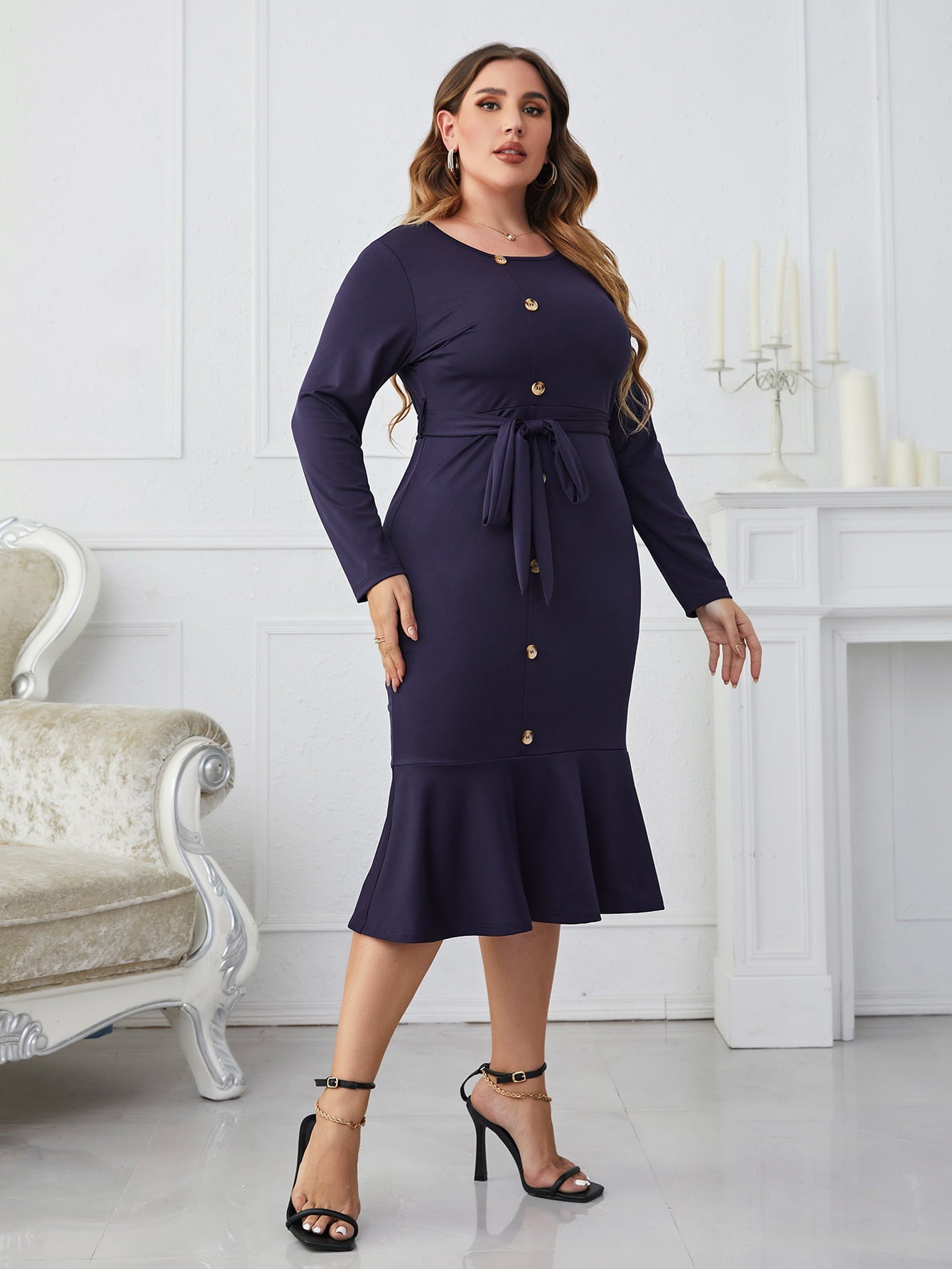 Melo Apparel Plus Size Buttoned Round Neck Tie Belt Midi Dress-Jewearrings