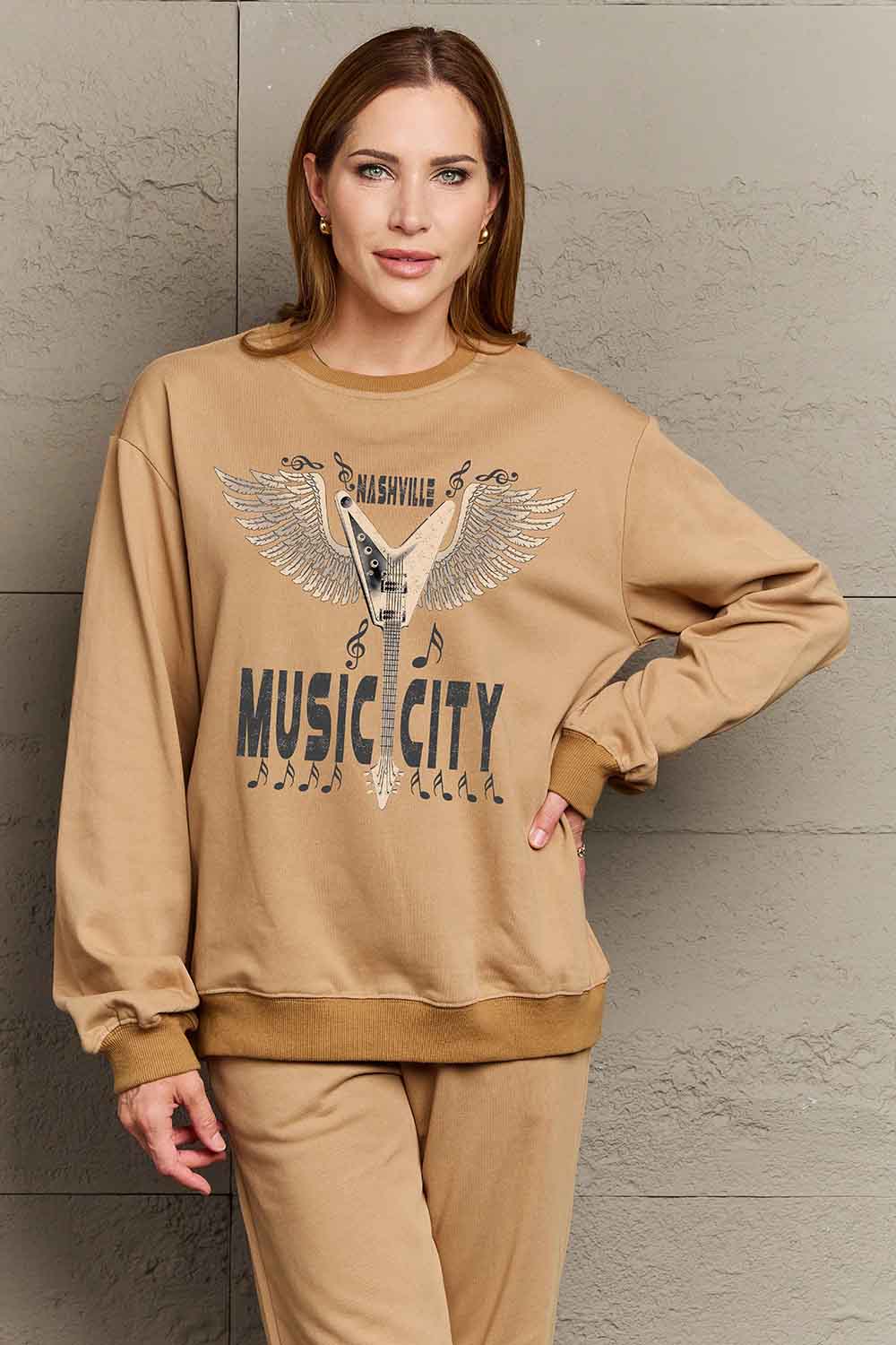 Simply Love Simply Love Full Size Round Neck Dropped Shoulder MUSIC CITY Graphic Sweatshirt-Jewearrings