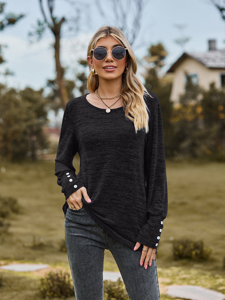 Round Neck Long Sleeve Buttoned T-Shirt-Jewearrings