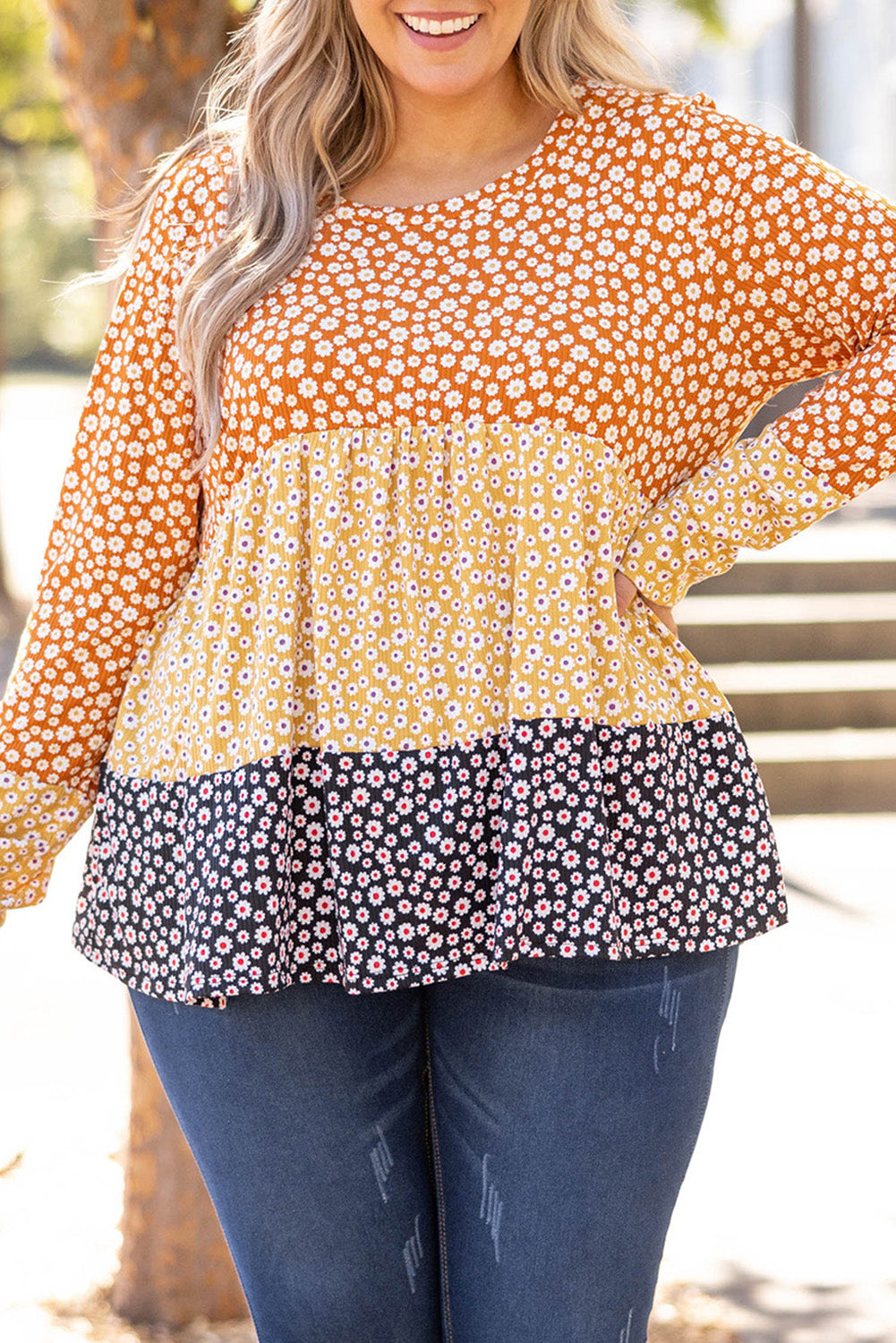 Plus Size Floral Color Block Babydoll Top-Jewearrings